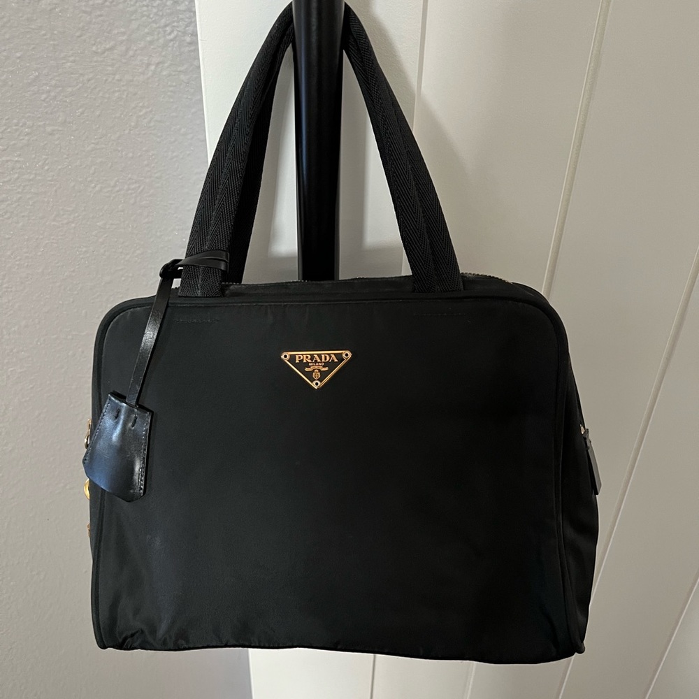 Authentic Prada bowler bag, black nylon gold hardware
